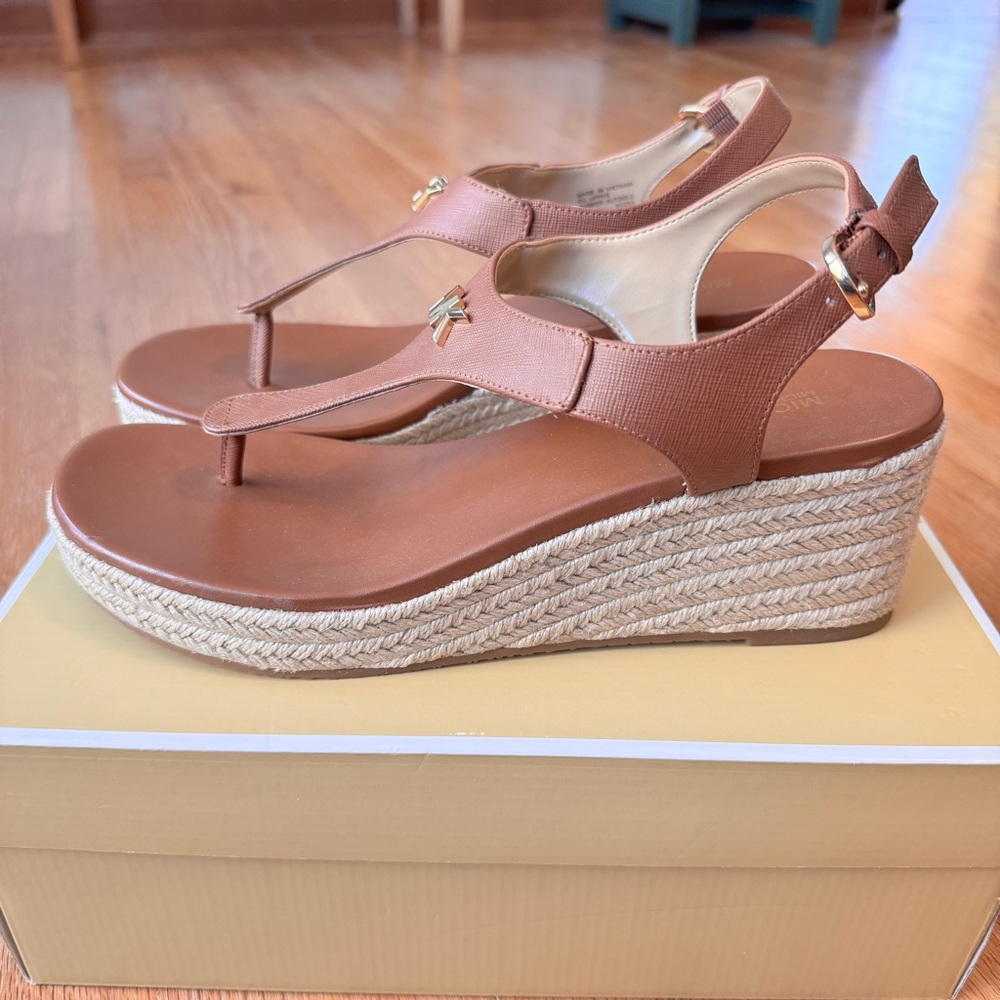 Michael Kors Brown Leather Espadrille Wedge Sandals with Gold Logo - Picture 3 of 9